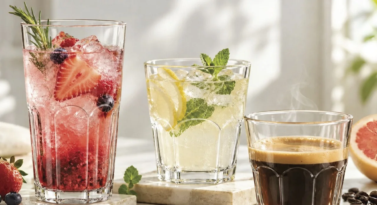 Iced berry soda, lemonade with mint and an espresso in faceted Luxem tumblers