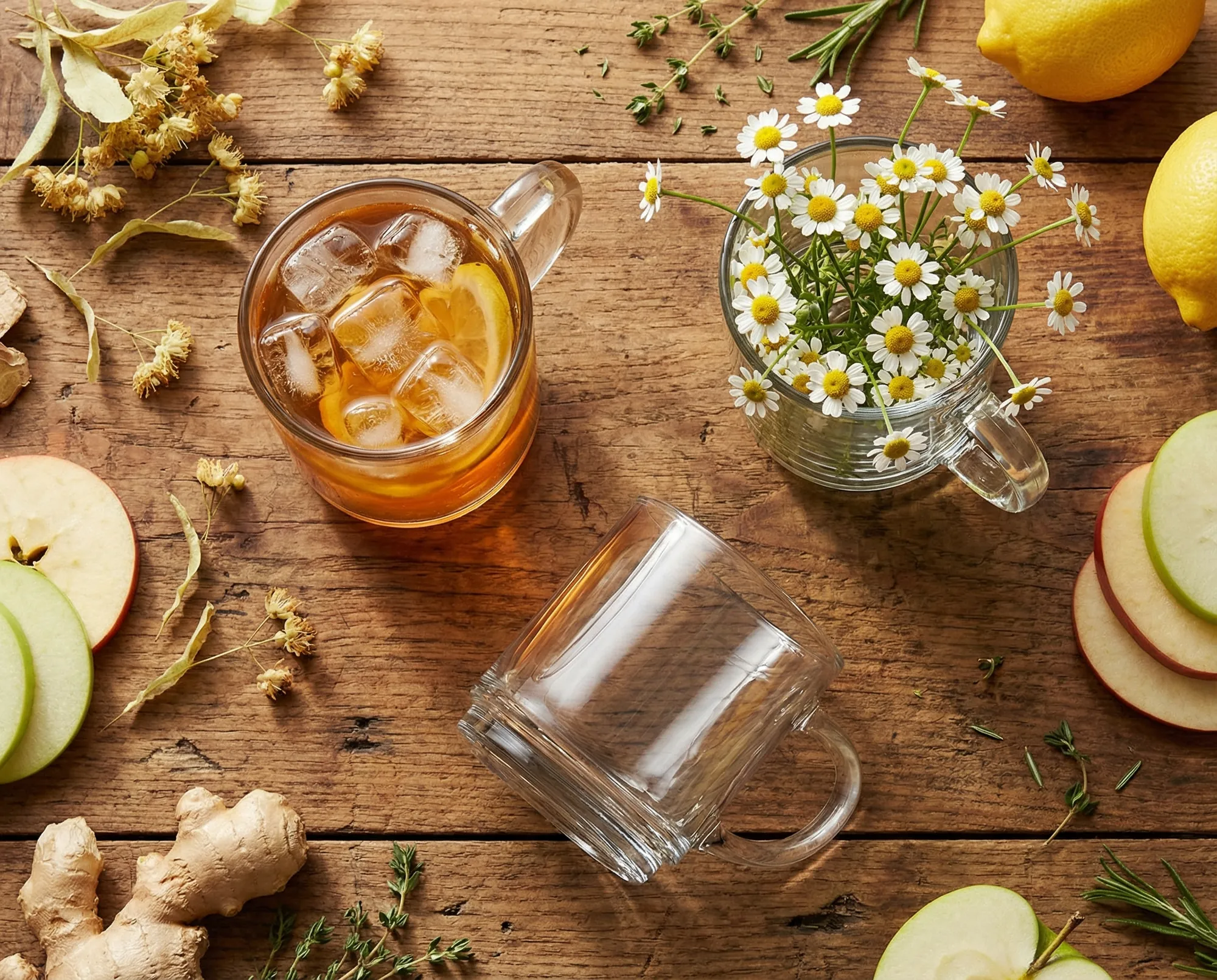 Clear Luxem mugs with iced tea and chamomile on a warm wooden table