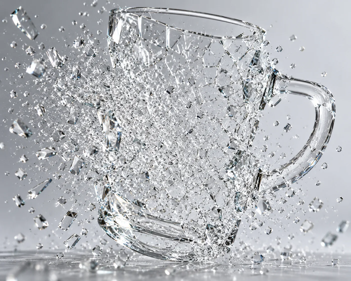 A tempered glass mug breaking into many small, blunt fragments